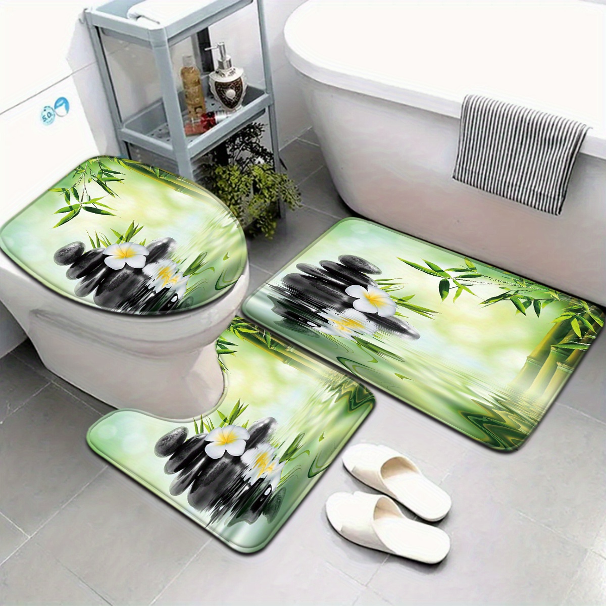 Bamboo Bath Mat - طقم مقعد المرحاض وحصيرة الحمام مكون